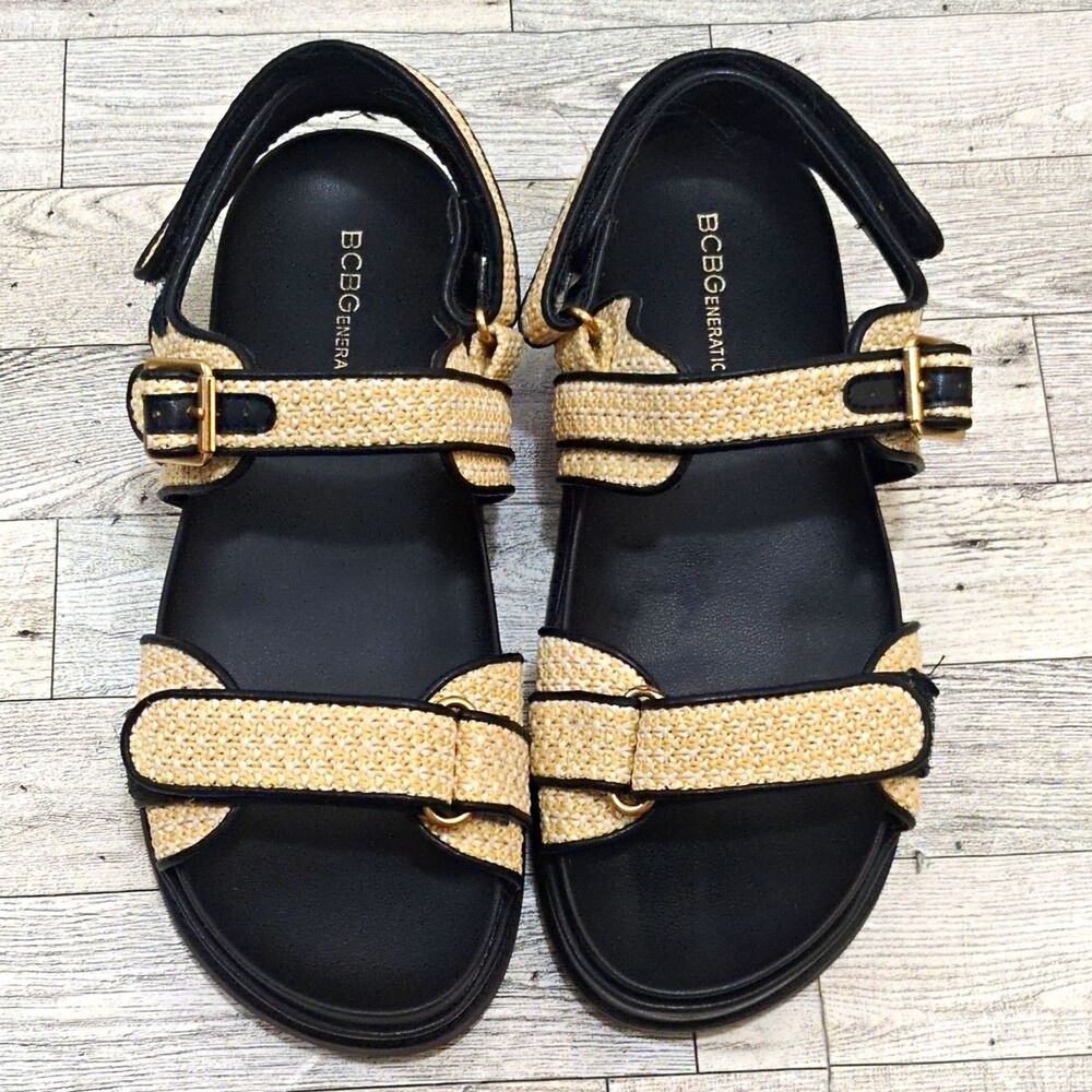 BCBGeneration Women's Strappy Sandals Ankle Strap Buckle Black/Beige US 8